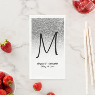 Serviette En Papier Faux Pailleté Argent et Monogramme Ombré Blanc