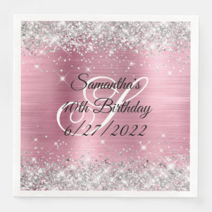 Serviette En Papier Faux Pailleté Argent Rose Feuille 40e Anniversaire