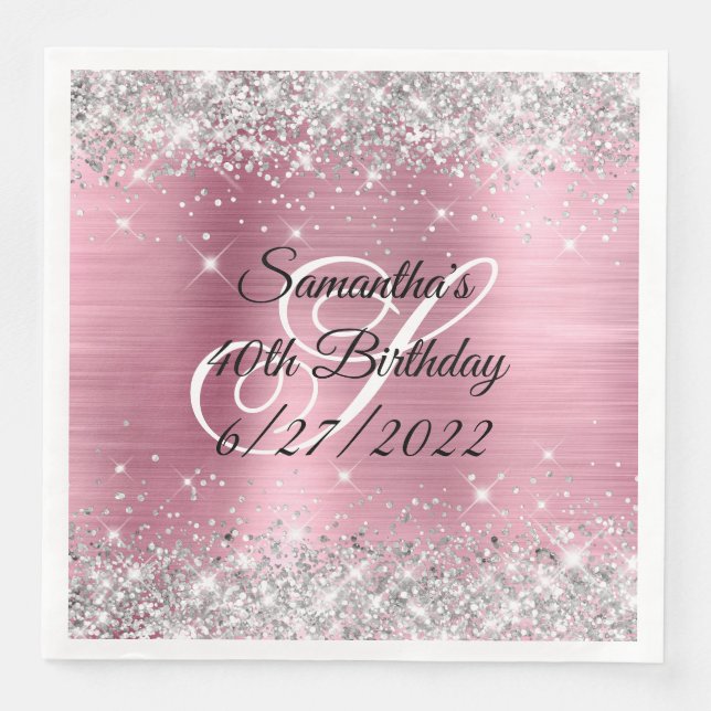 Serviette En Papier Faux Parties scintillant d'argent Pink Foil 40e an (Devant)