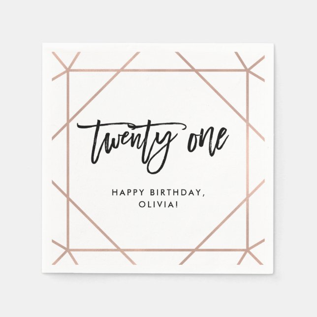 Serviette En Papier Faux Rose Gold Géométrique | Anniversaire 21 ans (Devant)