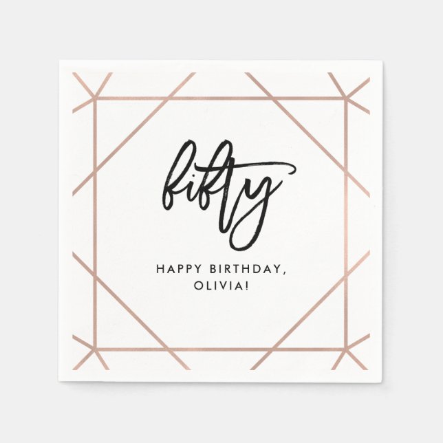 Serviette En Papier Faux Rose Gold Géométrique | Anniversaire 50 ans (Devant)