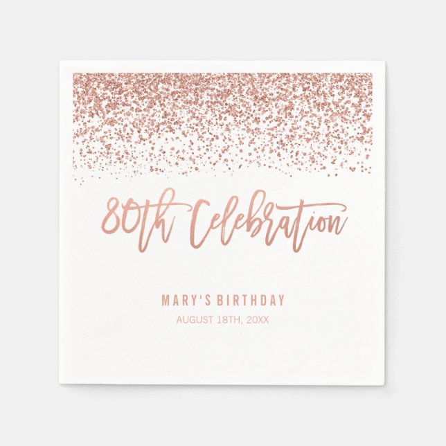 Serviette En Papier Faux Rose Gold Parties scintillant 80e anniversair (Devant)