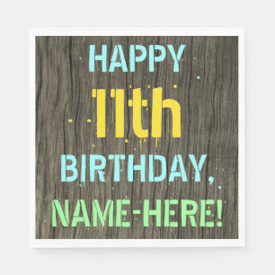 Serviette En Papier Faux Wood, Peint Texte Look, 11ème Anniversaire +