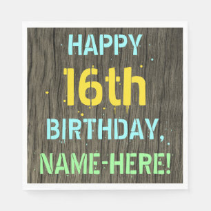 Serviette En Papier Faux Wood, Peint Texte Look, 16e anniversaire + No