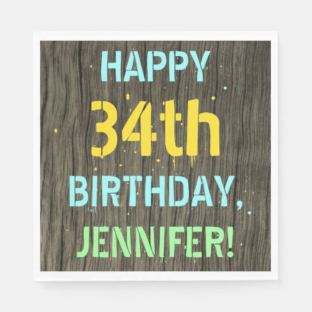 Serviette En Papier Faux Wood, Peint Texte Look, 34e anniversaire + No (Devant)