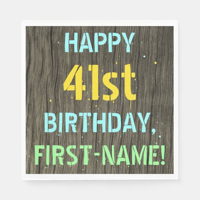 Serviette En Papier Faux Wood, Peint Texte Look, 41e anniversaire + No (Devant)
