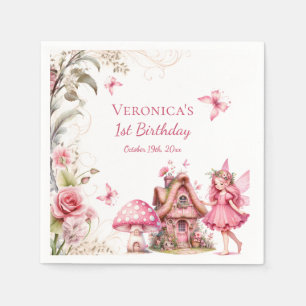 Serviette En Papier Fée 1er anniversaire floral rose capricieux