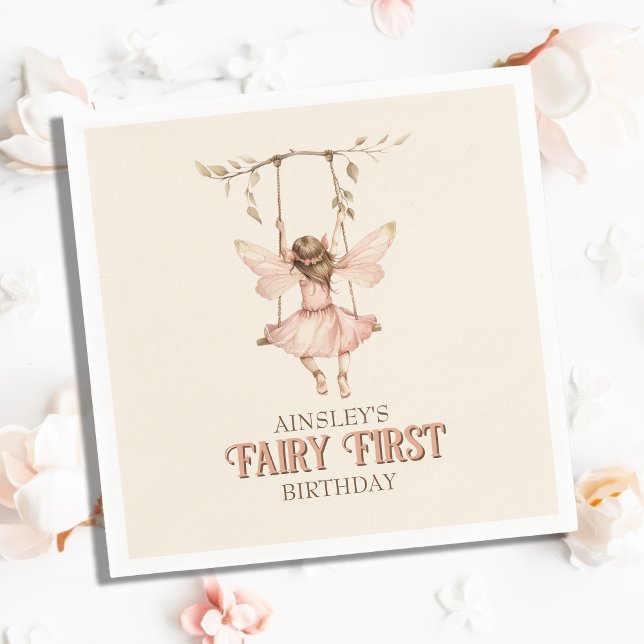 Serviette En Papier Fée rose pâle personnalisée Premier 1er anniversai (Créateur téléchargé)