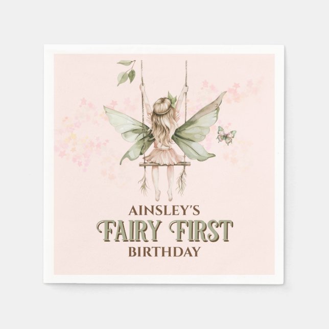 Serviette En Papier Fée rose personnalisée 1er anniversaire (Devant)