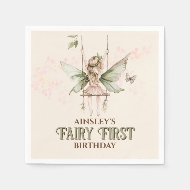 Serviette En Papier Fée rose personnalisée 1er anniversaire (Devant)