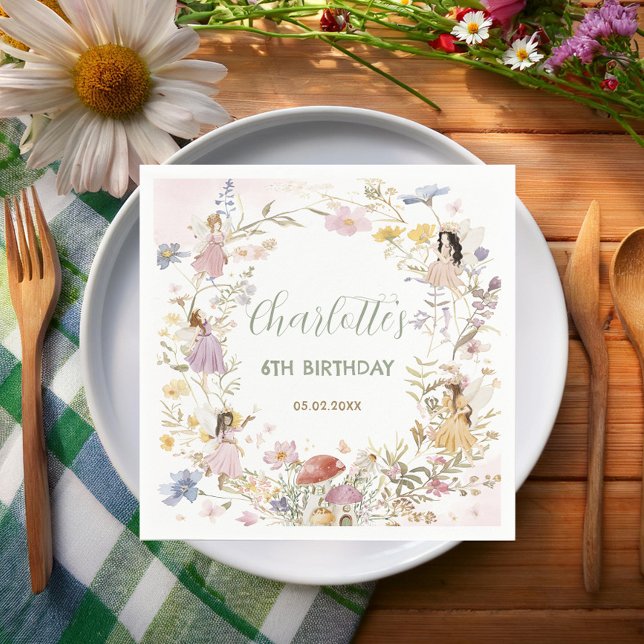 Serviette En Papier Fées Fleur sauvage Fleurs de prairie Anniversaire (fairies wildflower meadow pastel soft flowers wreath birthday baby shower paper napkins serviettes)