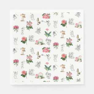 Serviette En Papier Fées motif floral rose et champignon