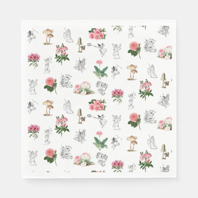 Serviette En Papier Fées motif floral rose et champignon (Devant)