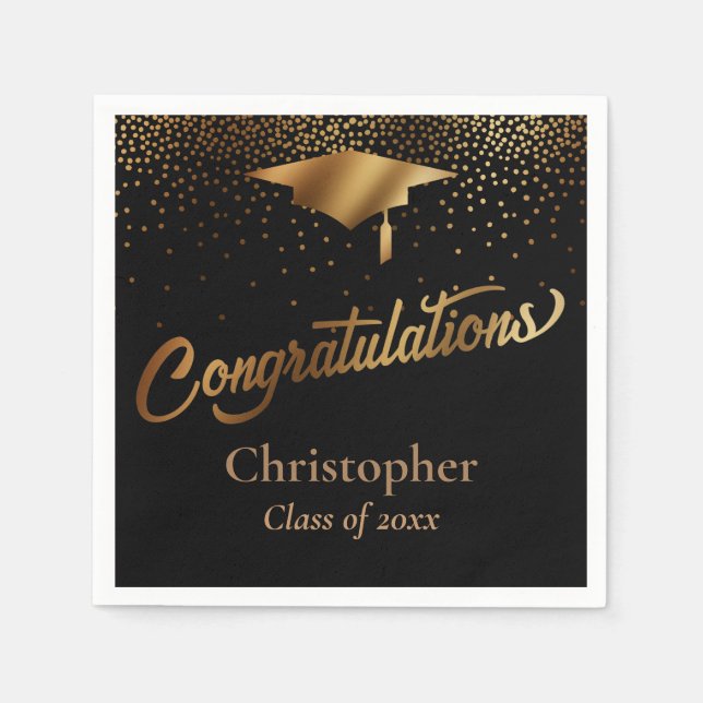 Serviette En Papier Félicitations Diplômé, Classe d'or sur Noir (Devant)