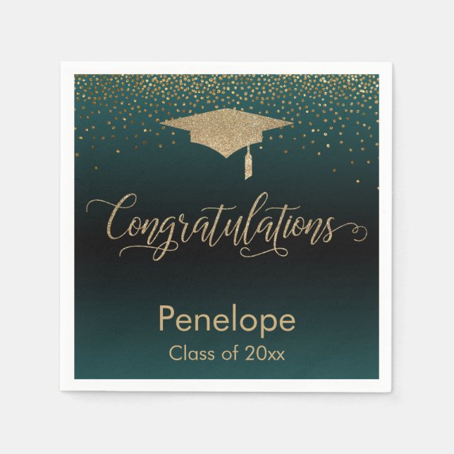 Serviette En Papier Félicitations Gold Confetti Graduation Turquoise (Devant)