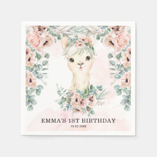 Serviette En Papier Feminine Llama Blush Rose Floral Vert Anniversaire
