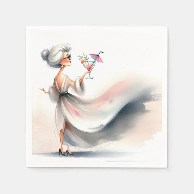 Serviette En Papier Femme Âgée Classique Avec Boisson De Fête (Devant)