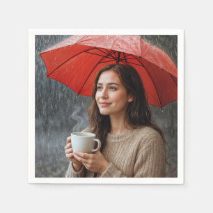 Serviette En Papier Femme avec une coupe de café chaud sous un paraplu