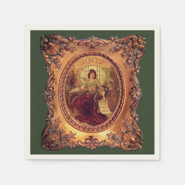 Serviette En Papier Femme victorienne élégant cadre vert or (Devant)