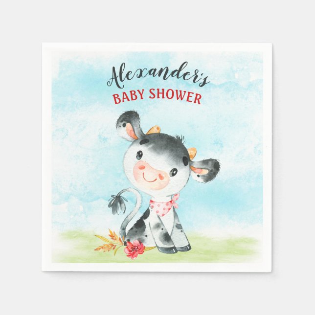 Serviette En Papier Ferme de Baby shower de vache aquarelle (Devant)