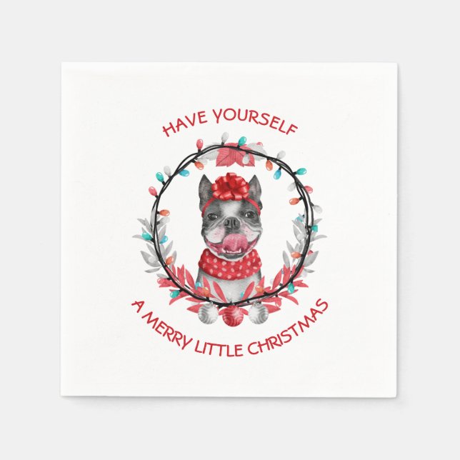 Serviette En Papier Festive Boston Terrier Joyeux Noël (Devant)