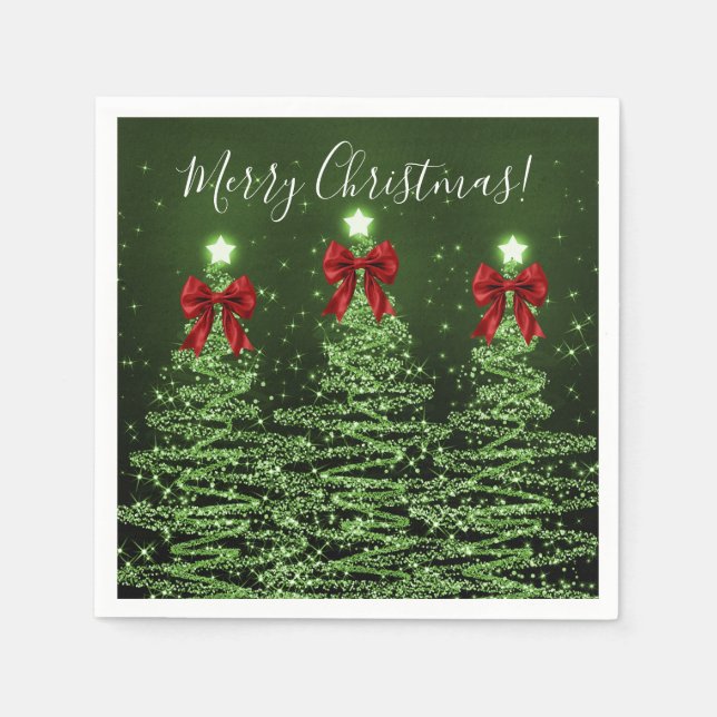 Serviette En Papier Festive Holiday Green Christmas Trees Red Bows (Devant)