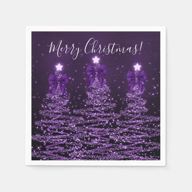 Serviette En Papier Festive Holiday Purple Christmas Trees Bows (Devant)