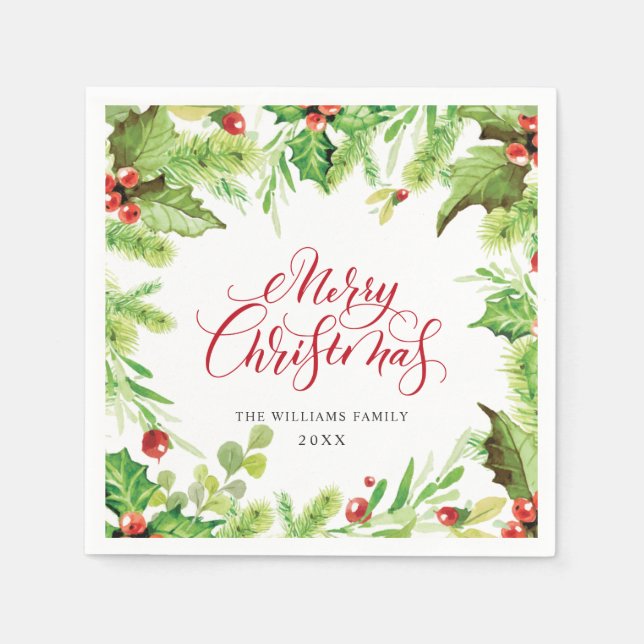 Serviette En Papier Festive Holly Berry Fête de Noël (Devant)