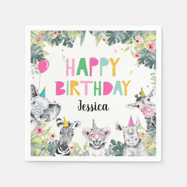 Serviette En Papier Fête Animaux Fille Safari Animaux Anniversaire Fêt (Devant)