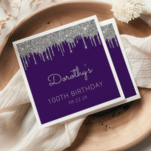 Serviette En Papier Fête d'anniversaire 100 ans Purple Silver Glitter 