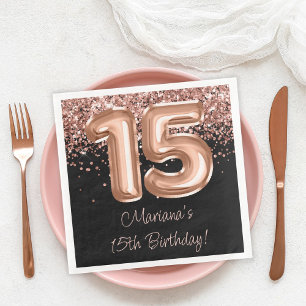 Serviette En Papier Fête d'anniversaire 15 ans Rose Gold Black