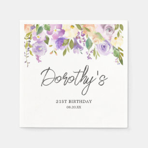 Serviette En Papier Fête d'anniversaire 21 ans Fleurs de rose violette