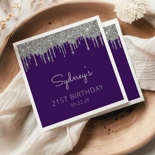Serviette En Papier Fête d'anniversaire 21 ans Purple Silver Glitter D