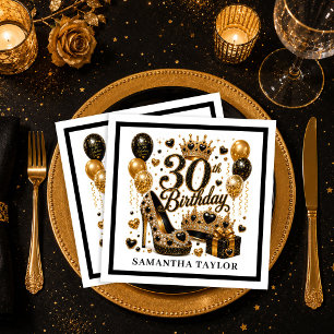 Serviette En Papier Fête d'anniversaire 30 ans paillettes or et noir é