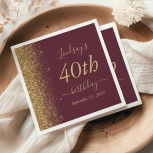Serviette En Papier Fête d'anniversaire 40 ans paillettes Bourgogne Or