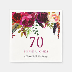 Serviette En Papier Fête d'anniversaire 70 ans Boho Floral Rose et Bor