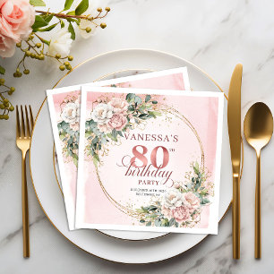 Serviette En Papier Fête d'anniversaire 80 ans Floral Vert Blush Rose 