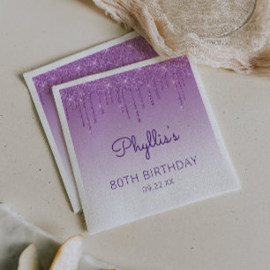 Serviette En Papier Fête d'anniversaire 80 ans Fun Purple Glitter Drip