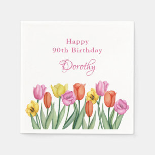 Serviette En Papier Fête d'anniversaire 90 ans aux tulipes aquarelles