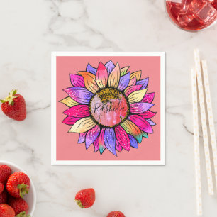 Serviette En Papier Fête d'anniversaire à l'aquarelle Tournesol Rose &