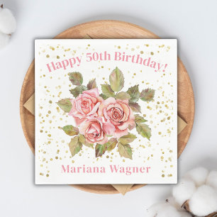 Serviette En Papier Fête d'anniversaire à paillettes dorées et fleurs