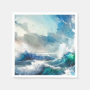 Serviette En Papier Fête d'anniversaire aux vagues aquarelles de l'océ