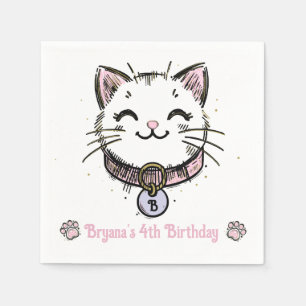 Serviette En Papier Fête d'anniversaire chaton rose violet or