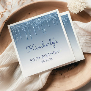 Serviette En Papier Fête d'anniversaire chic bleu pailleté goutte