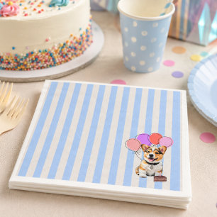 Serviette En Papier Fête d'anniversaire Corgi rayé bleu et beige