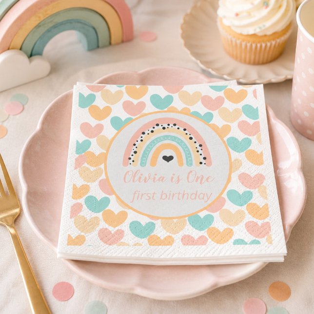 Serviette En Papier Fête d'anniversaire de 1 an Arc-en-ciel & Cœurs (Rainbow & Hearts 1st Birthday Party Napkins)