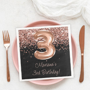 Serviette En Papier Fête d'anniversaire de 3 ans Rose Gold Black