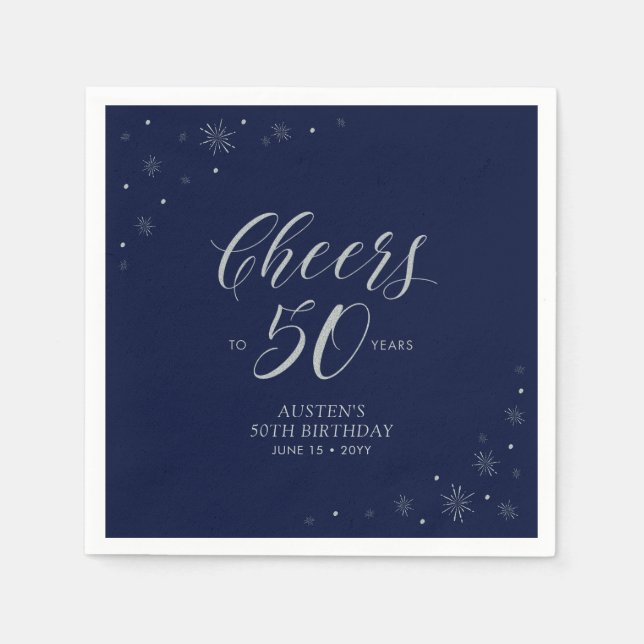 Serviette En Papier Fête d'anniversaire de 50 ans Argent et Bleu Marin (Devant)