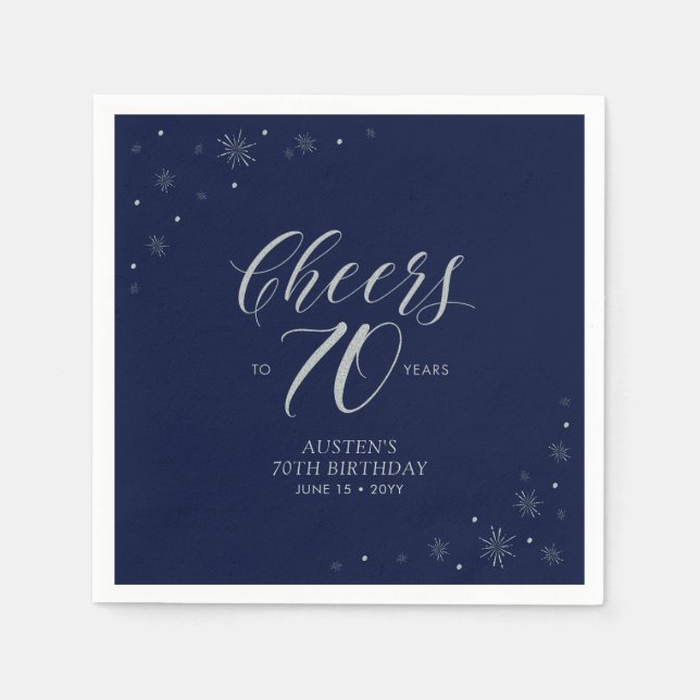 Serviette En Papier Fête d'anniversaire de 70 ans Argent et Bleu Marin (Devant)