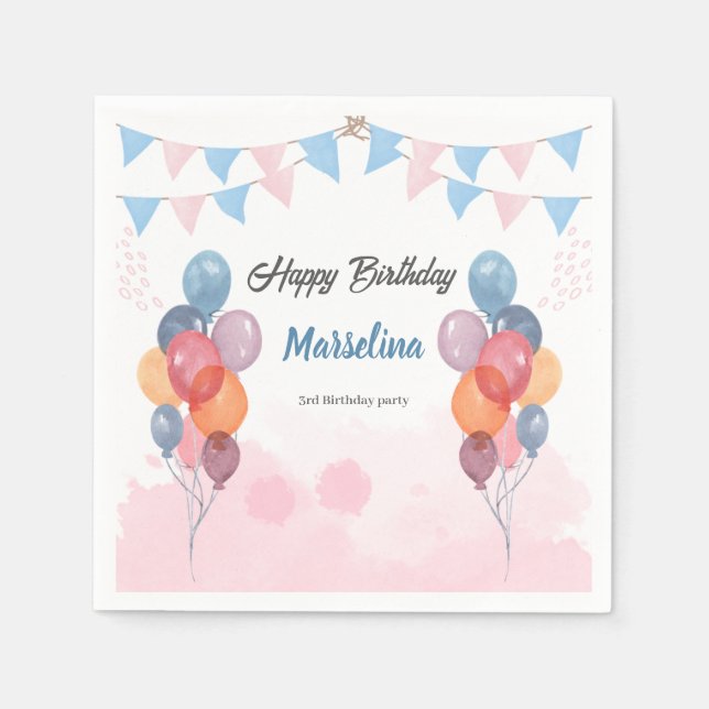 Serviette En Papier Fête d'anniversaire de fille au ballon d'aquarelle (Devant)